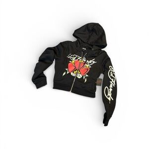 Ed Hardy black Hearts  full zip up hoodie jacket size Large crop new